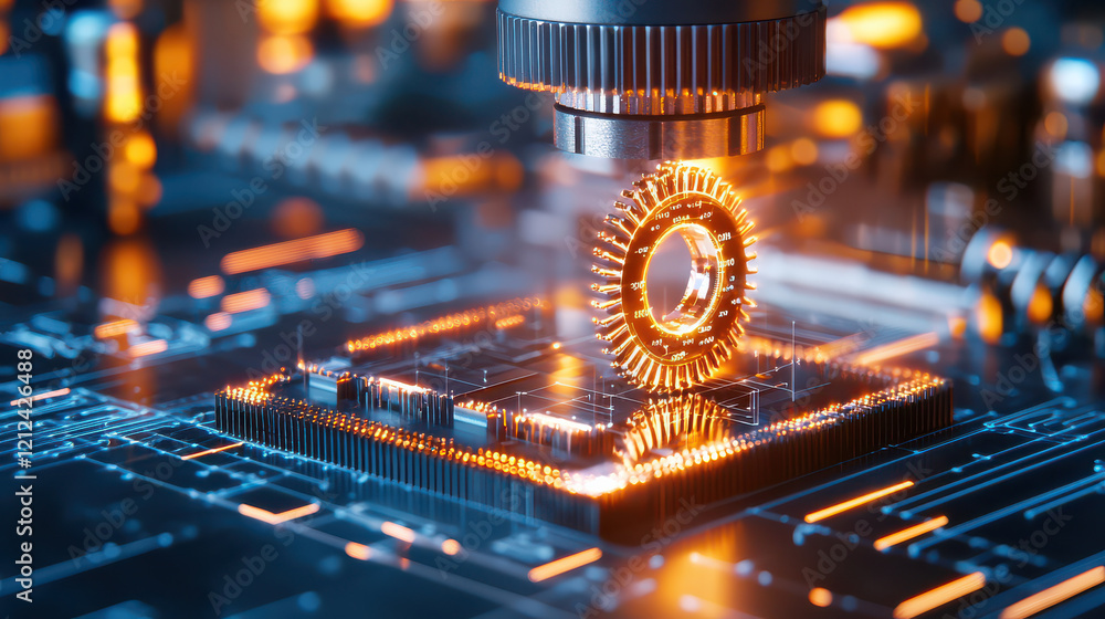 Poster close up of advanced industrial technology showcasing microchip with intricate circuitry and glowing elements, symbolizing innovation and data integration