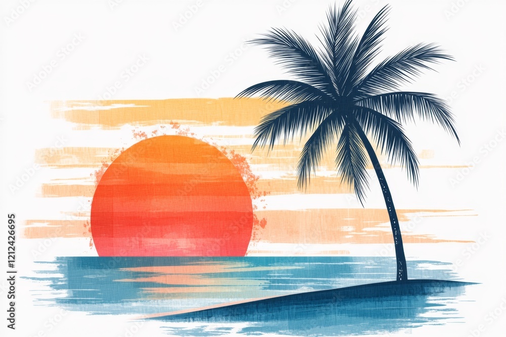 Poster a clean line drawing of a single palm tree on a beach, with a glowing sun setting in the background,