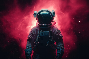 Astronaut in Red Nebula Spaceman Cosmic Digital Art Painting Surreal Galaxy Exploration Dark Stars  