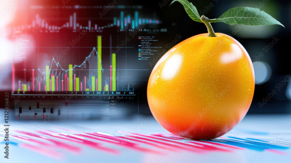 Aufkleber ripe mango sits on table with colorful data charts in background, symbolizing fusion of nature and t