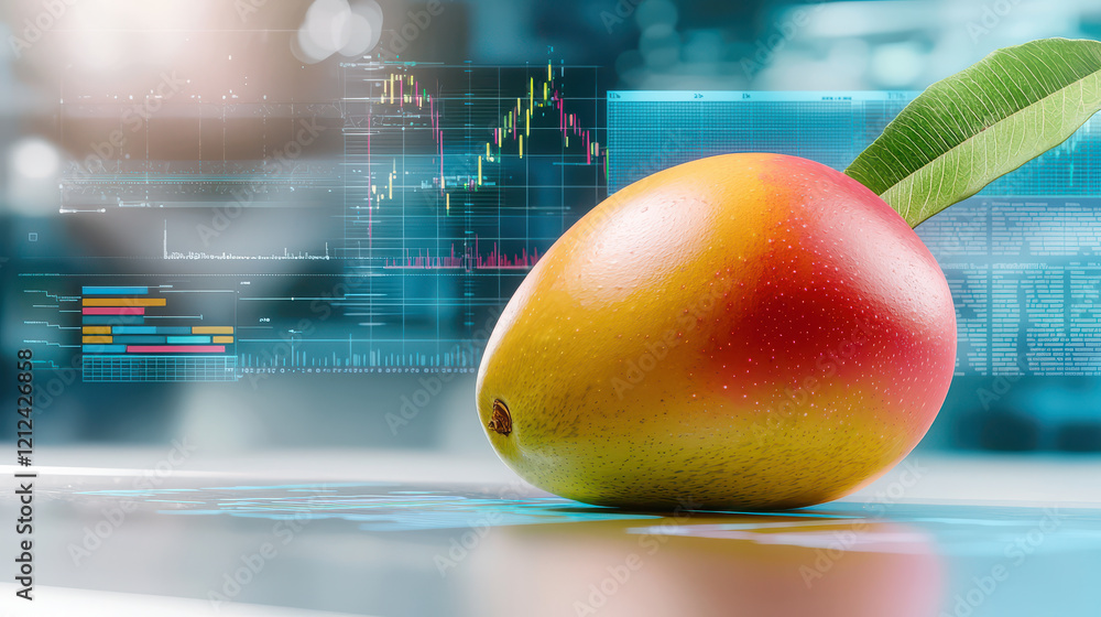 Aufkleber ripe mango with green leaf sits on digital surface, surrounded by data charts and graphs, symbolizin