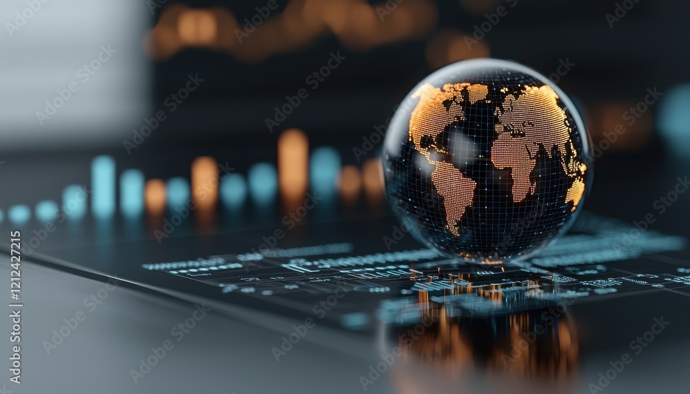Poster a glass globe sits on a digital financial chart, symbolizing global markets and data analysis in a t