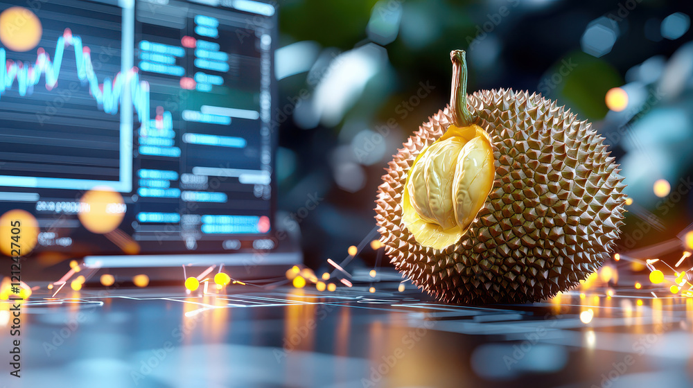 Poster detailed 3d rendering of durian fruit on technology focused background, showcasing data graphs and d