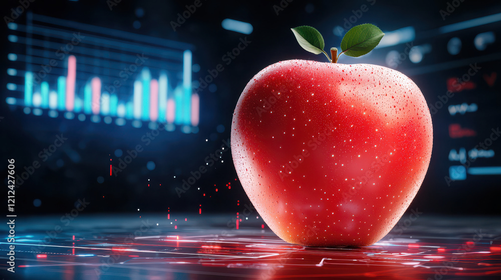 Aufkleber detailed 3D rendering of shiny red apple with leaves, set against futuristic technology background featuring graphs and data visualizations