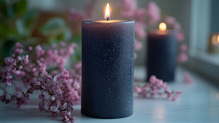  black burning candle with flowers