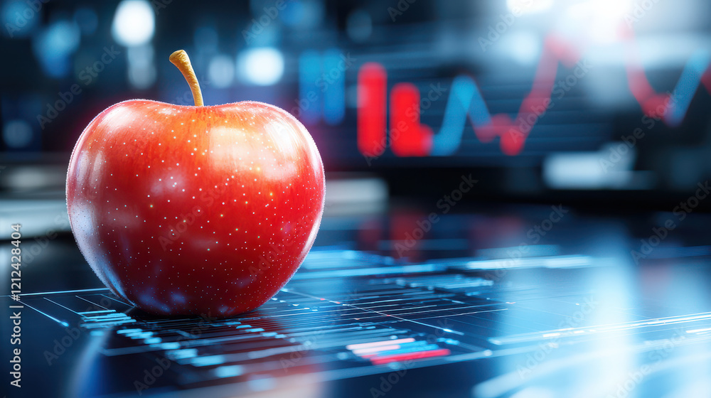 Poster detailed 3D rendering of red apple on digital background with graphs and data, symbolizing technology and innovation. vibrant color and shine evoke sense of freshness and modernity