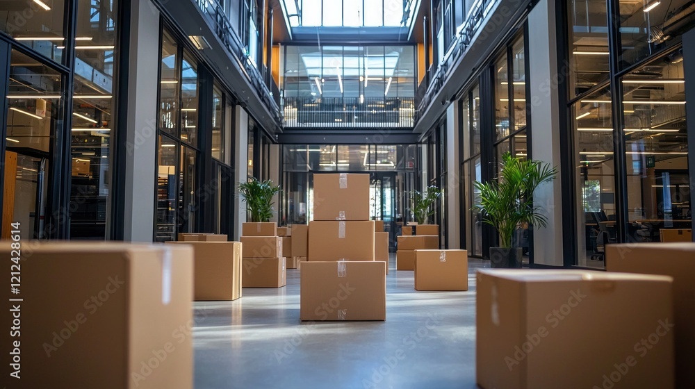 Poster a contemporary office area showcases numerous unpacked cardboard boxes scattered throughout. sunligh