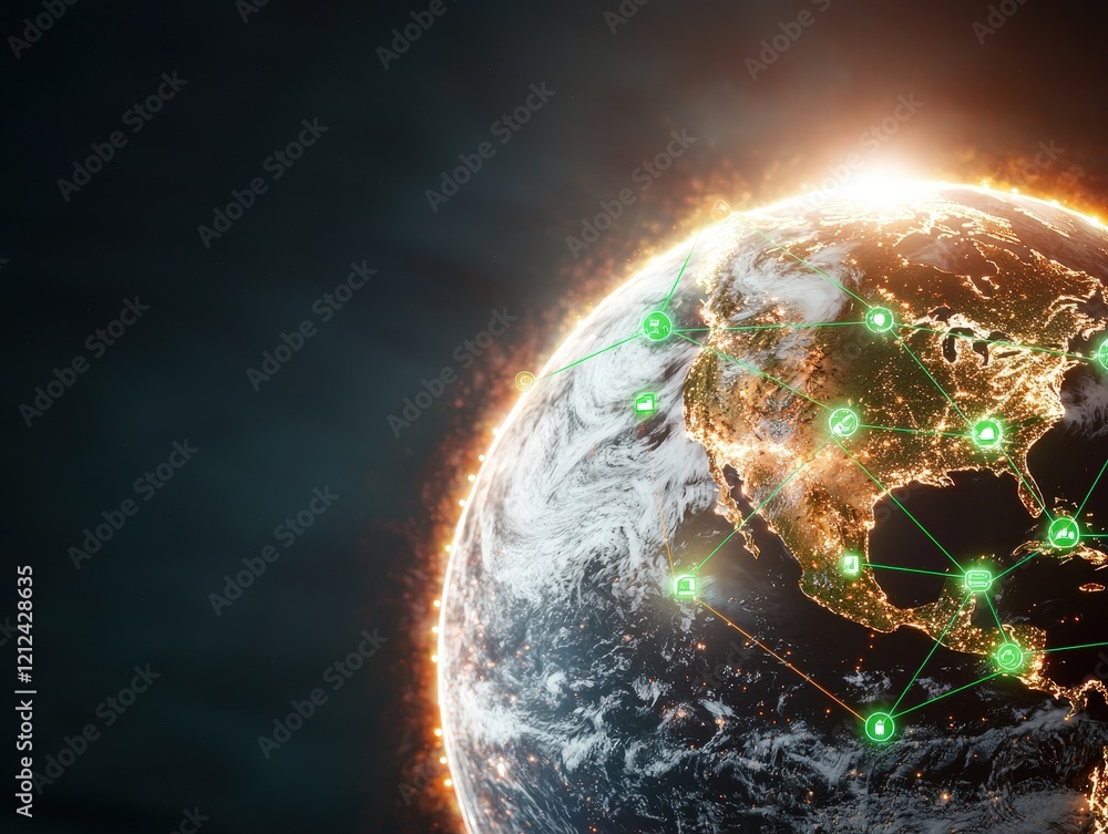 Poster glowing planet earth with digital network connections and icons in space, symbolizing global communi