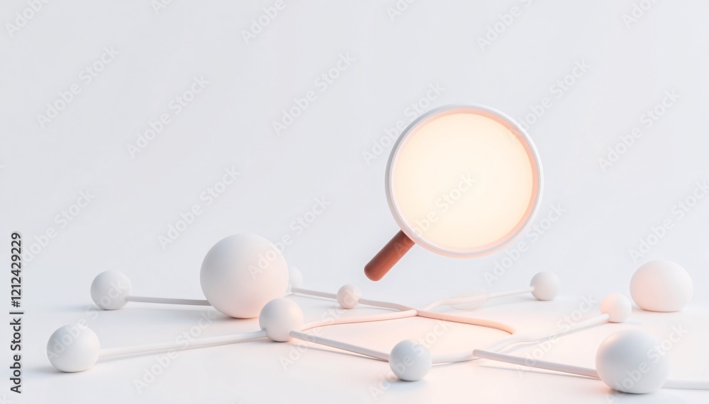 Poster illuminating insights: a glowing magnifier explores a network of interconnected spheres, revealing h