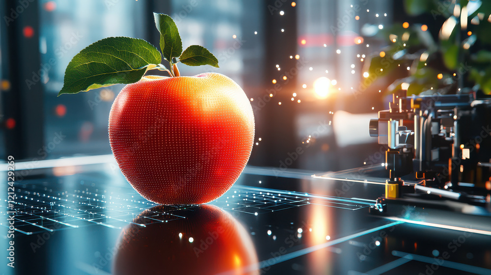 Poster detailed digital model of red apple with green leaf, set against futuristic background. scene conveys blend of nature and technology, creating captivating visual experience