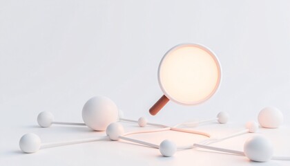 Illuminating Insights: A glowing magnifier explores a network of interconnected spheres, revealing hidden connections and knowledge.