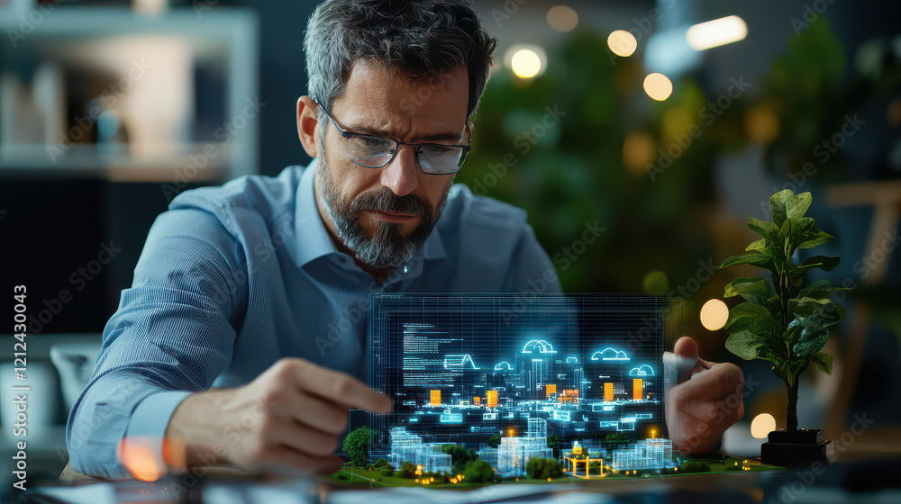 Fototapete professional man analyzes digital engineering model, showcasing advanced technology and urban planning concepts. scene is illuminated with vibrant graphics and greenery