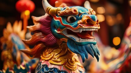 Fototapeta premium Close-up of a vibrant, ornate dragon statue, showcasing intricate details and rich colors against a blurred background.
