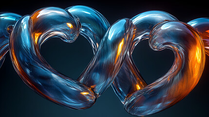 Two shiny, metallic hearts connected, reflecting warm and cool light on a dark surface