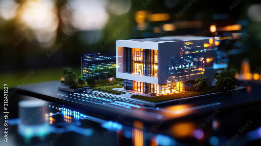 Fototapete digital model of modern building surrounded by technological elements, showcasing innovation and design. structure features sleek lines and illuminated windows, creating futuristic atmosphere