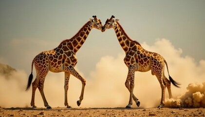 Obraz premium Two giraffes locked in a fierce neck wrestle, dust flying , clash, horns, mammals
