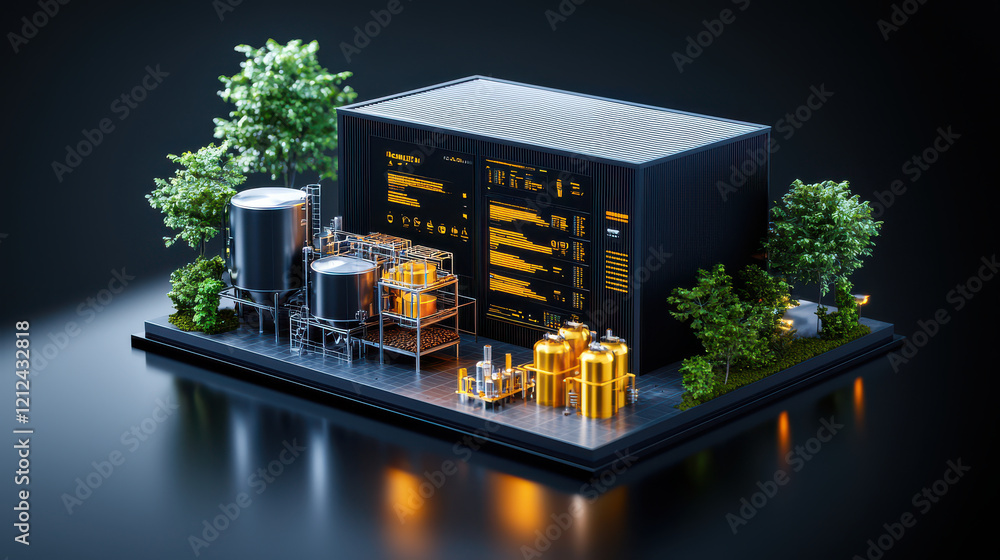 Poster digital model of coffee processing facility showcasing tanks, machinery, and greenery. design emphas