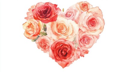 Obraz premium A heart surrounded by blooming roses, romantic concept, watercolor illustration, soft pastel hues, isolated on white background