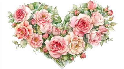 A heart surrounded by blooming roses, romantic concept, watercolor illustration, soft pastel hues, isolated on white background