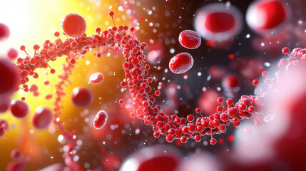 vibrant visualization of nanotechnology modifying genetic structures, showcasing red blood cells and DNA strands in dynamic environment