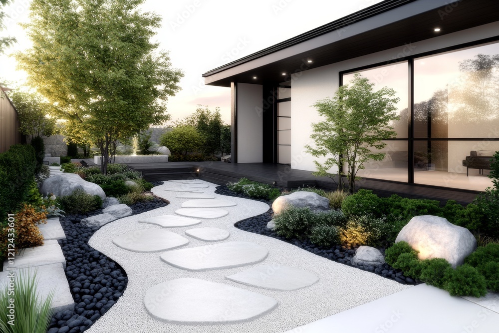 Poster a flat design of a zen courtyard with a koi pond and stepping stones, using minimal detail and a mod