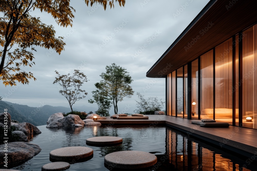 Poster a flat design of a zen courtyard with a koi pond and stepping stones, using minimal detail and a mod