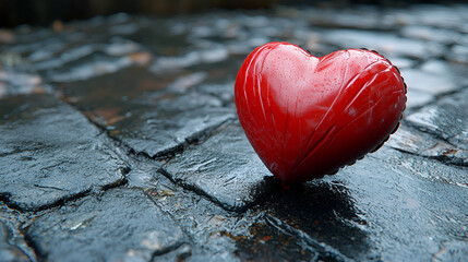 A red heart-shaped balloon lying on the floor