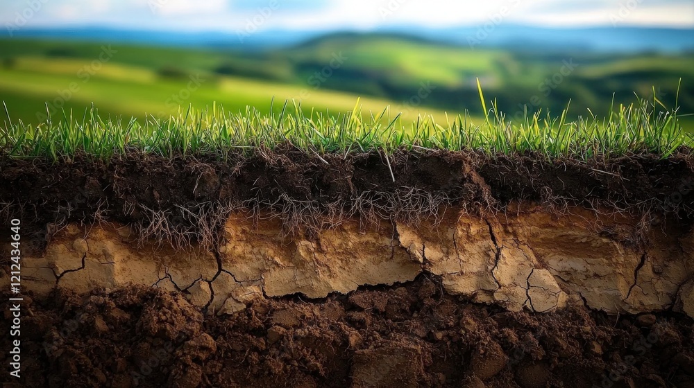 Poster detailed cross section of soil with grass layer on top displaying natural texture and composition fo