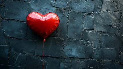 Red heart balloon on dark stone wall, showing love, softness, and strong feelings in contrast