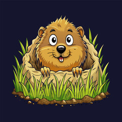 Cheerful Groundhog Popping Out of Its Burrow Vector Design Illustration