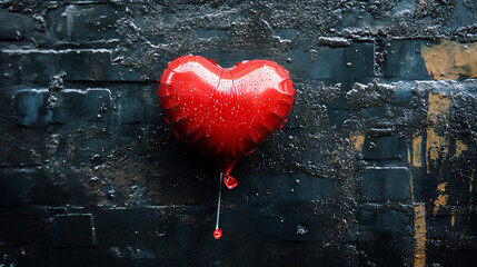 Red heart balloon on dark stone wall, showing love, softness, and strong feelings in contrast