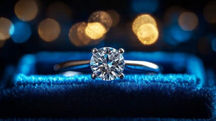 Fototapeta premium Solitaire diamond ring with a delicate platinum band, housed in a luxurious deep blue velvet box, softly glowing