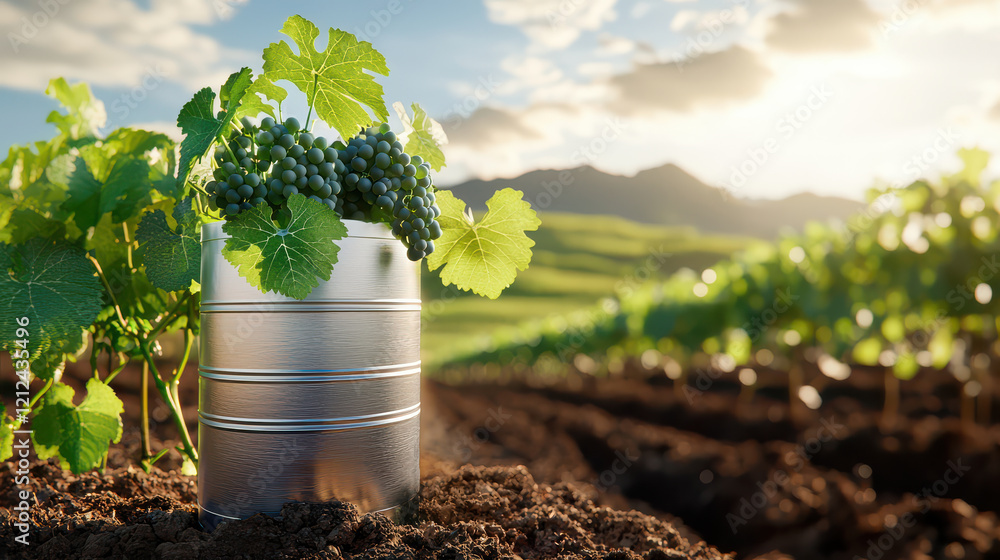 Poster digital model of grape vineyard showcasing lush green leaves and ripe grapes in metallic container, highlighting integration of technology in agriculture