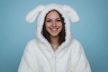 Obraz premium A woman in a white rabbit costume is smiling and posing for the camera. The image has a lighthearted and playful mood, as the woman is dressed in a whimsical outfit and he is enjoying herself