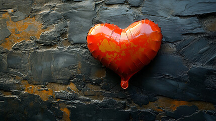 Red heart balloon on dark stone wall, showing love, softness, and strong feelings in contrast