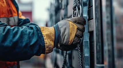 A worker is applying black tape to an industrial gate, wearing gloves and work with orange details. Close-up of hands in action. In the background, a modern factory building. 