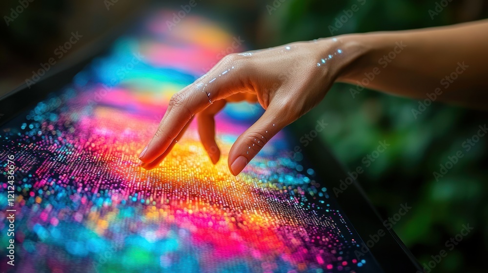 Poster exploring digital rainbow: a hand interacts with vibrant interactive display