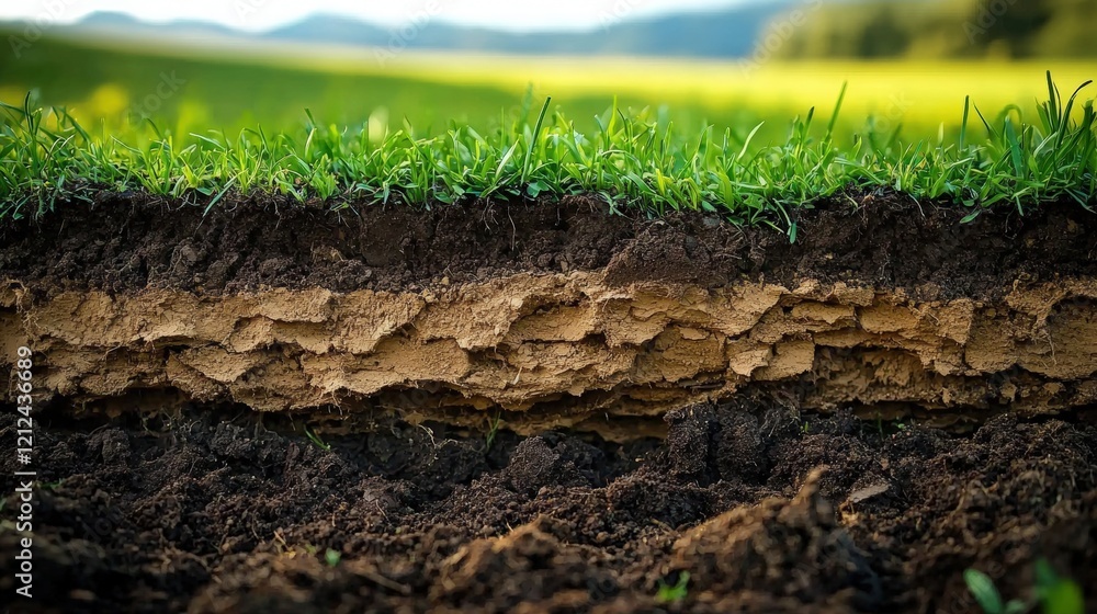Aufkleber cross section of soil layer beneath grass in nature showing different textures and colors in detail 