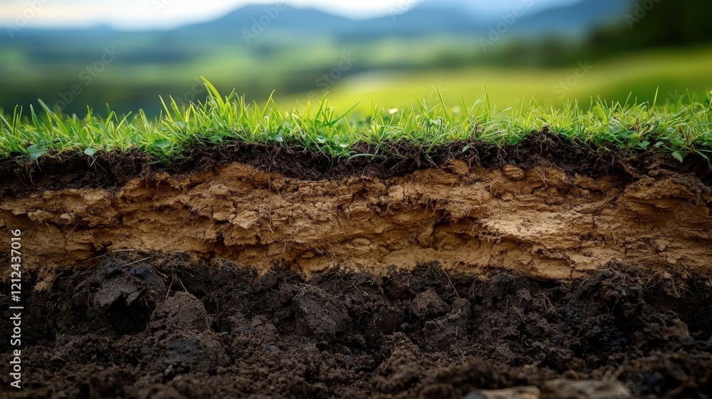 Poster cross-section of soil layer with grass covering the surface and natural landscape in background show