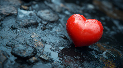 A red heart-shaped balloon lying on the floor