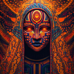 Naklejka premium A vibrant psychedelic illustration featuring a mystical figure draped in colorful patterns, glowing eyes, and intense, radiant energy. The intricate design evokes a sense of surrealism and spiritual s