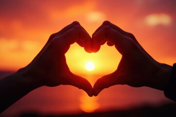Silhouetted hands forming heart, vibrant sunset backdrop , sky, shape