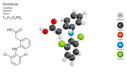 Molecule: Diclofenac. Molecular structure. Formula: C14H11Cl2NO2. Chemical model: Ball and stick. White background. 3D illustration.