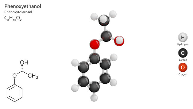 Molecule: Phenoxyethanol. Molecular structure. Formula: C8H10O2. Chemical model: Ball and stick. White background. 3D illustration.