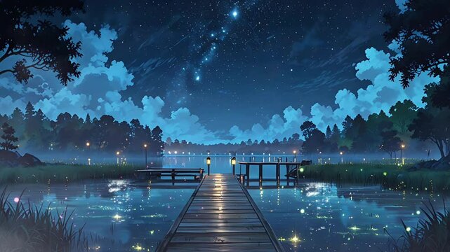 Wooden board on the edge of the lake with fireflies. Seamless 4K looping timelapse video animation background