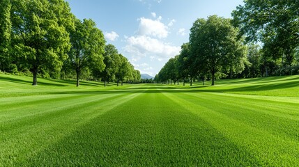 Fototapeta premium Lush green golf course fairway with mowed stripes is lined by tall trees under a bright blue sky.