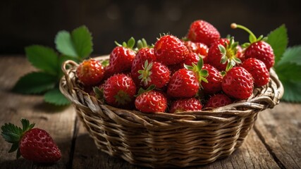 A basket filled with fresh strawberries on a wooden surface, showcasing vibrant colors.