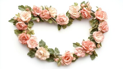 A heart-shaped wreath of pink roses, floral decor, vintage-inspired style, soft colors, isolated on white background 