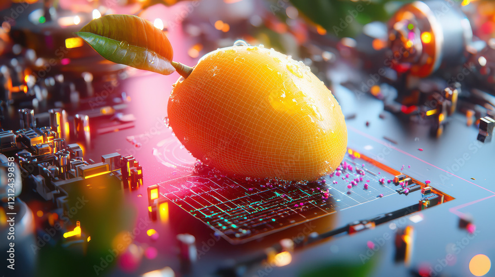 Poster digital model of ripe mango on circuit board, showcasing vibrant colors and advanced technology. scene blends nature with innovation, creating unique visual experience