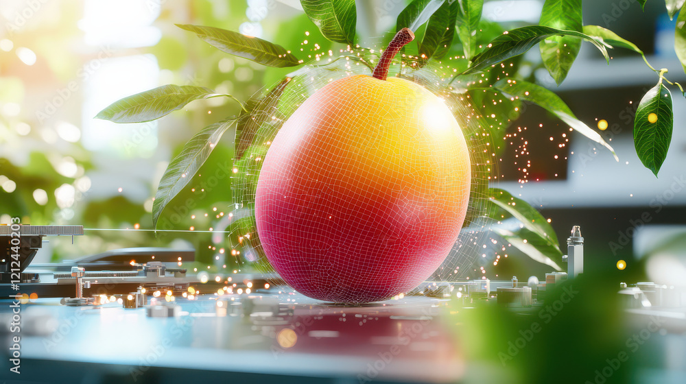 Poster digital model of ripe mango surrounded by technology and greenery, showcasing innovation and nature 